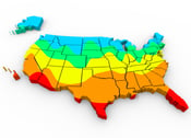 teplotní mapa USA. Teplota často ovlivňuje, jaký by měl být ideální obsah vlhkosti dřevěných podlah.